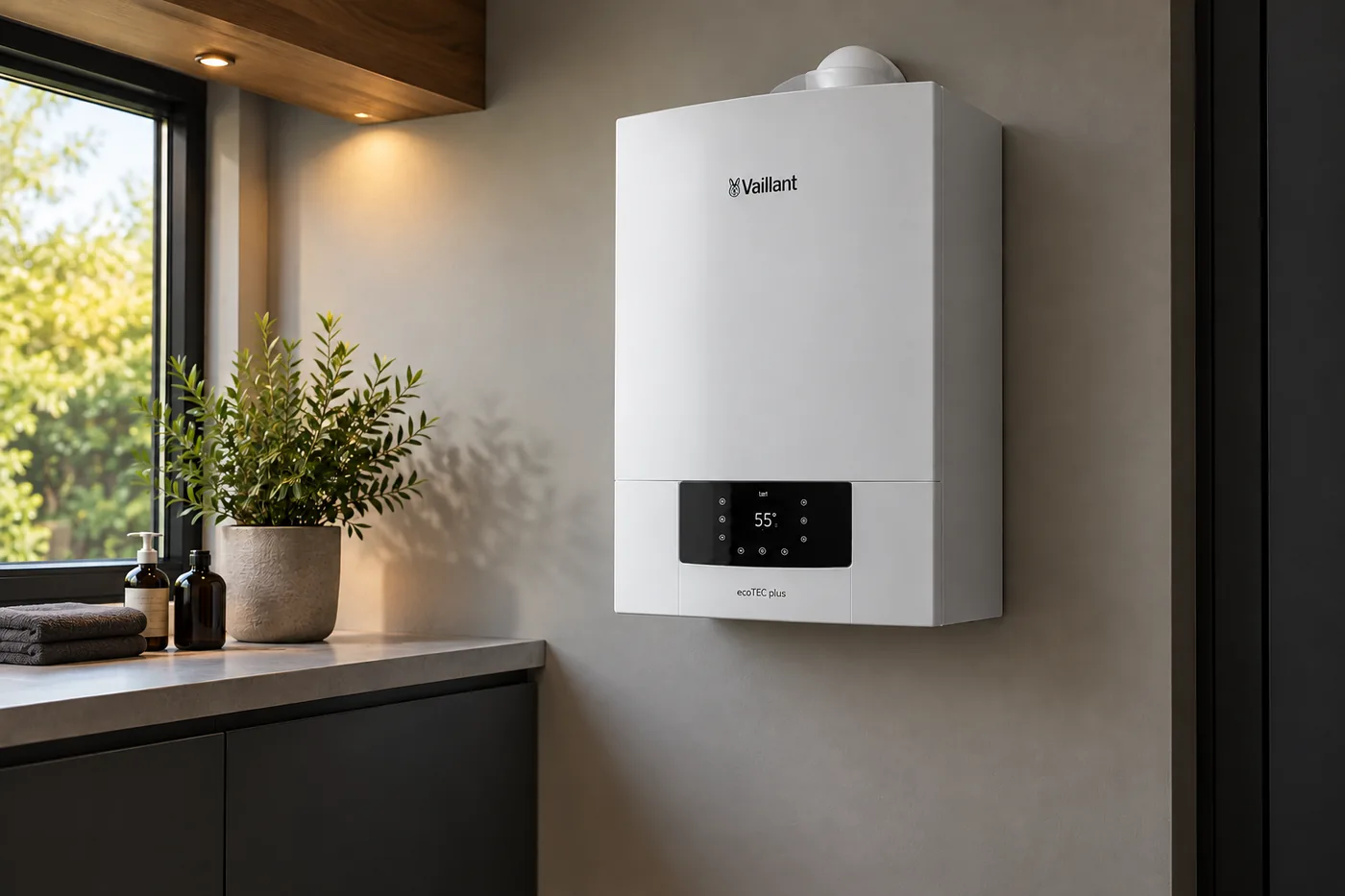 White Vaillant ecoTEC plus boiler in a modern interior, illustrating boiler installation and servicing in Bristol